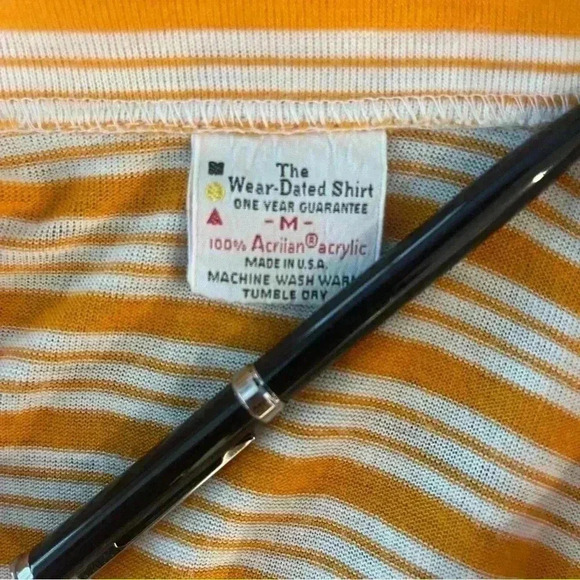 Vintage | Striped 70s Wide Collar Polo - Goldenrod & White / Sz M - Picture 7 of 9